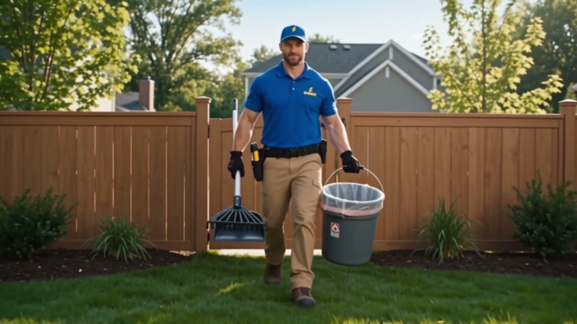 A Scoop Cop technician walking through a backyard gate with tools and a bucket