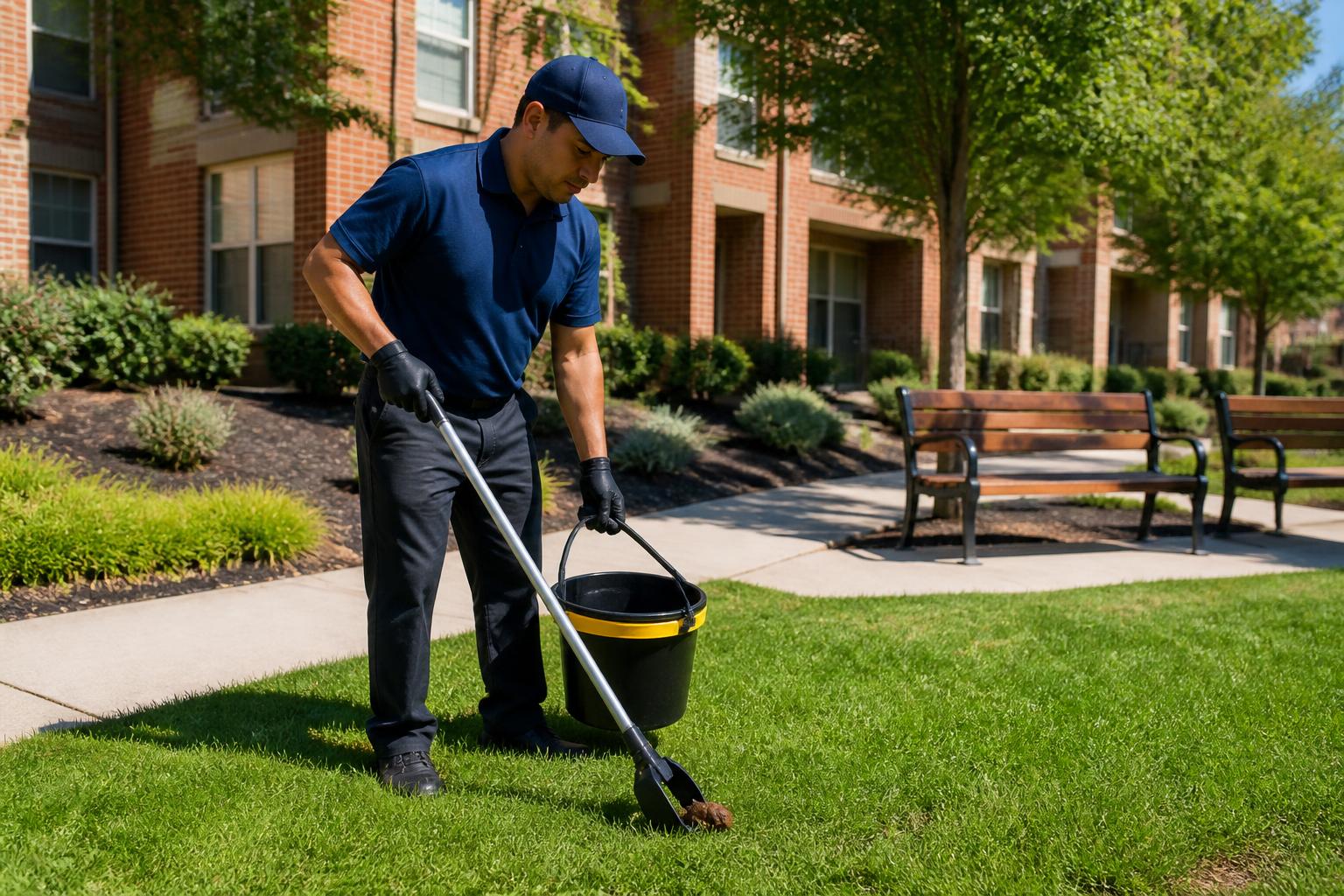 Scoop Cop technician in navy uniform scooping the common-area lawn at a brick apartment community with bench seating nearby
