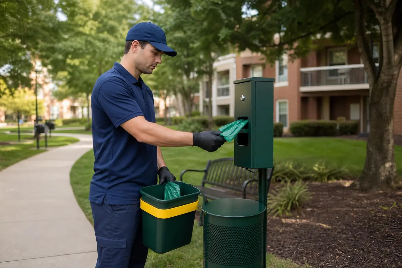 Scoop Cop technician restocking a pet waste station outside a brick apartment community