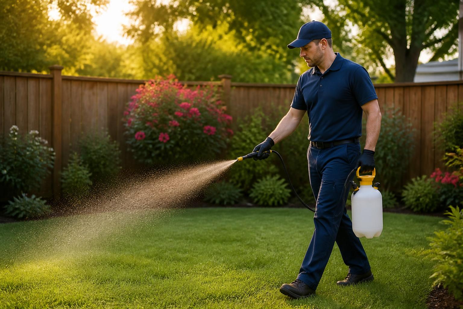 Scoop Cop technician in blue uniform spraying plant-based deodorizer across a sunny backyard lawn with a tank sprayer