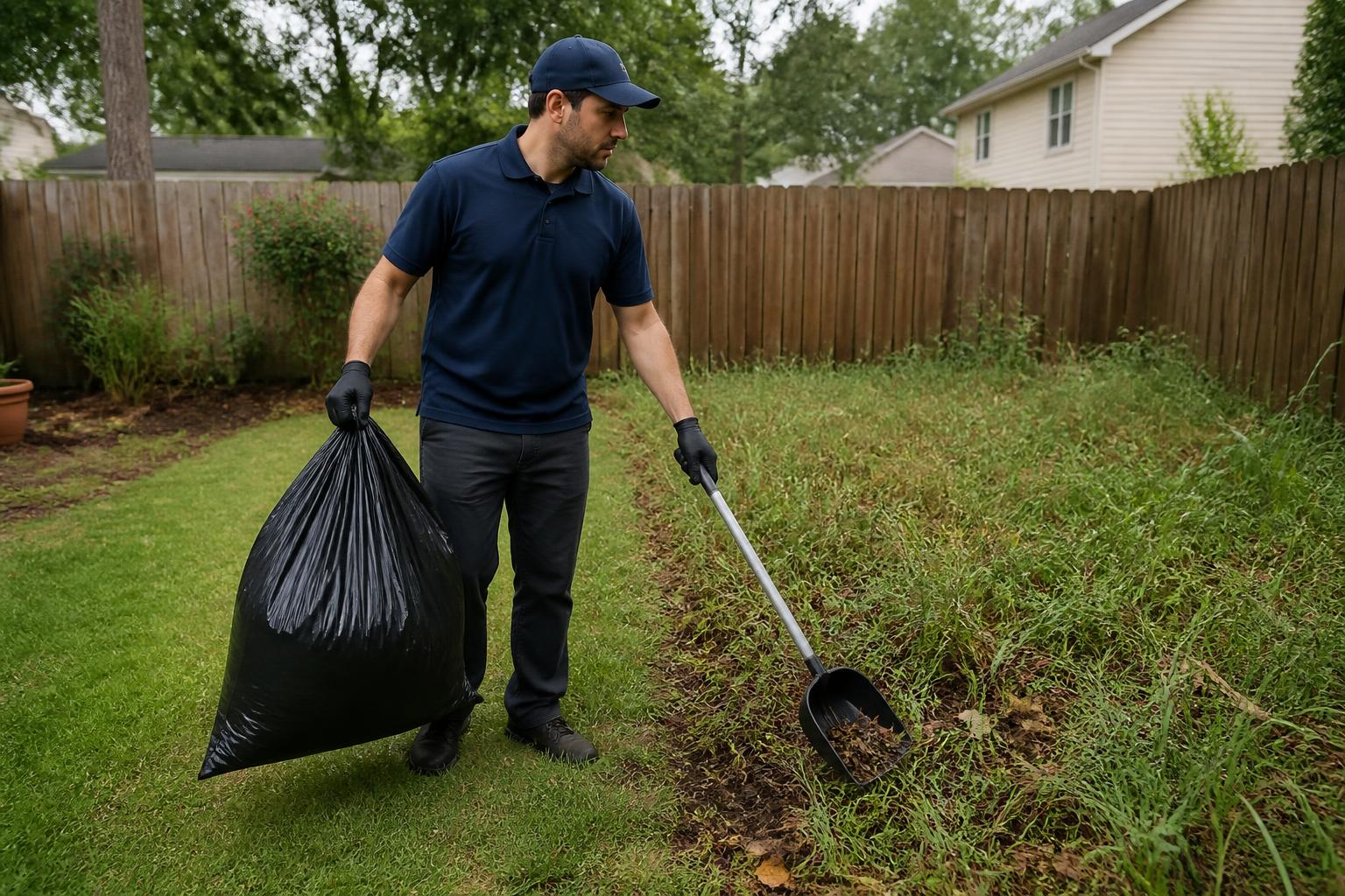 Scoop Cop technician holding a full waste bag while deep cleaning an overgrown, neglected suburban backyard