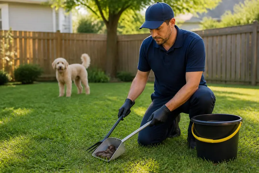 Scoop Cop technician in blue uniform kneeling in a lush backyard scooping waste while a happy goldendoodle watches