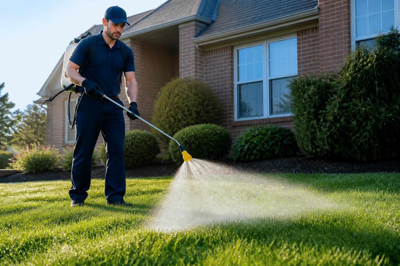 Scoop Cop technician applying pet-safe sanitizer across a green front lawn with a wide fan-spray wand and backpack sprayer