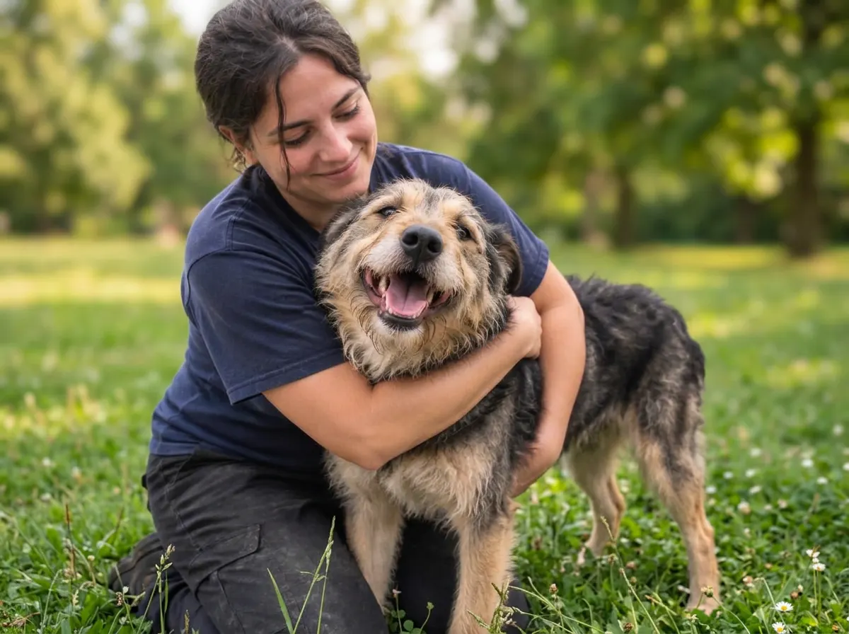 A volunteer hugging a happy rescue dog on a sunny green lawn