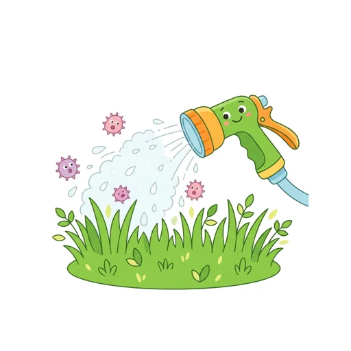 Cartoon illustration of a hose nozzle spraying away germs from grass