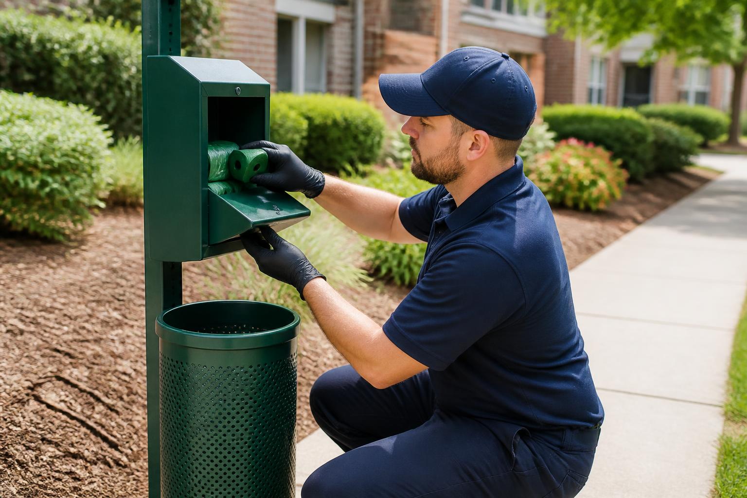 Scoop Cop technician kneeling to service and restock a pet waste station outside a landscaped apartment community