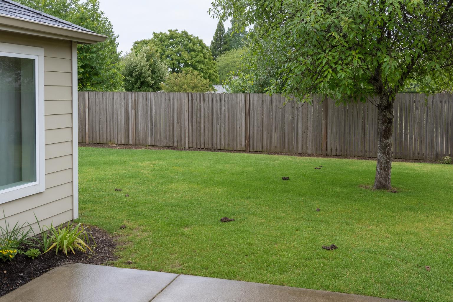 Backyard lawn with scattered dog waste before a SCOOP COP visit